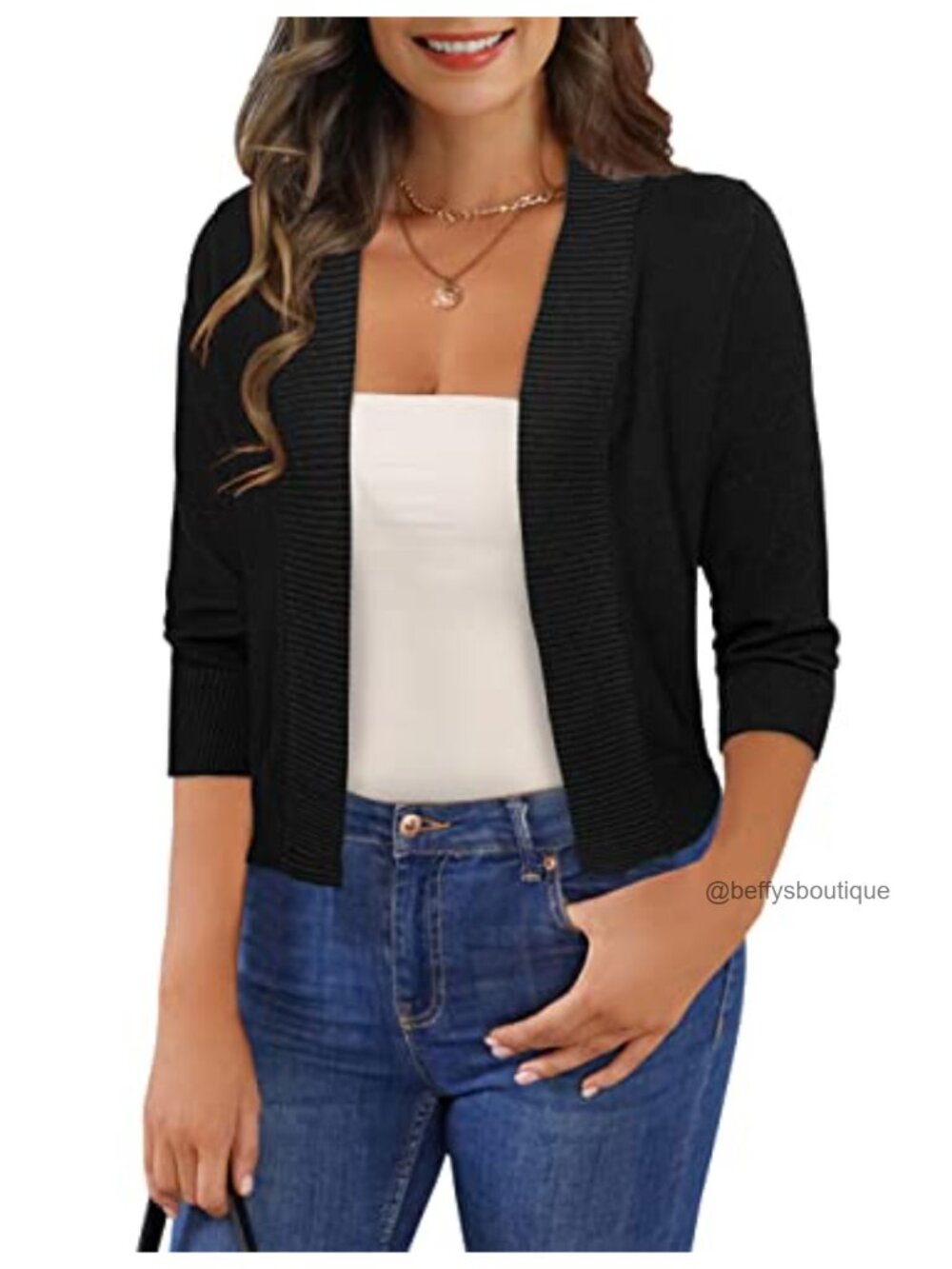Women's 3/4 Sleeve Cropped Cardigan Shrug Open Front Lightweight Knit Bolero